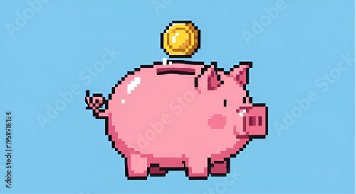 Piggy Bank with Gold Coin Pixel Art for Savings and Finance Concept