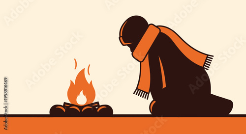 Cozy Person Warming By A Fire In A Minimalist Style