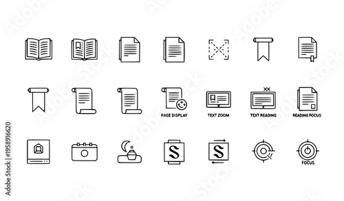 Reading mode interface outline icons minimal thin line vector document viewer pack