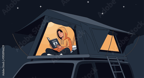 Cozy Rooftop Tent Reading Adventure Under Starry Sky Illustration
