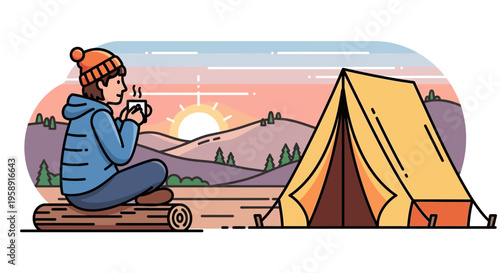 Cozy Solitude Serene Mountain Sunrise Camping Adventure Warm Drink
