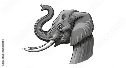African elephant head illustration with raised trunk and tusks