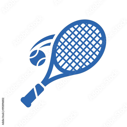 Blue tennis racket hitting a tennis ball graphic icon