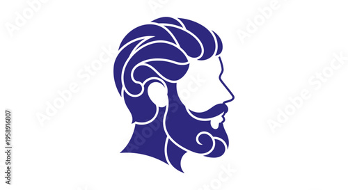 Blue stylized man's head profile with beard and curly hair