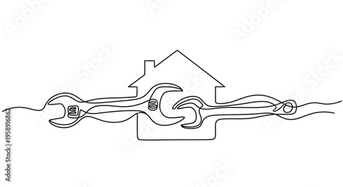 Obraz na płótnie Continuous line drawing of house with wrenches for home repair concept