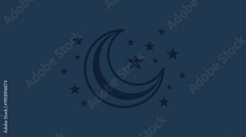 Crescent moon and stars on dark blue night sky background