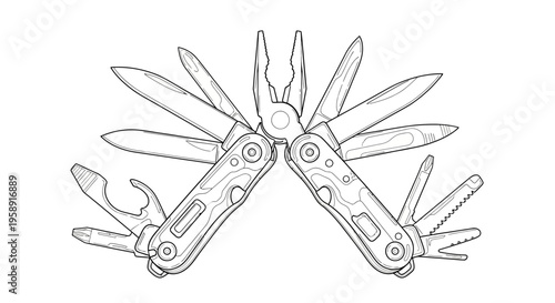 Detailed line art of an open multi-tool with various tools