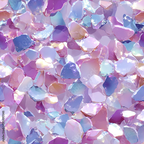 Soft iridescent confetti seamless surface pattern tile with shiny pastel purple, blue, and pink crystal fragments creating sparkling and dreamy texture effect