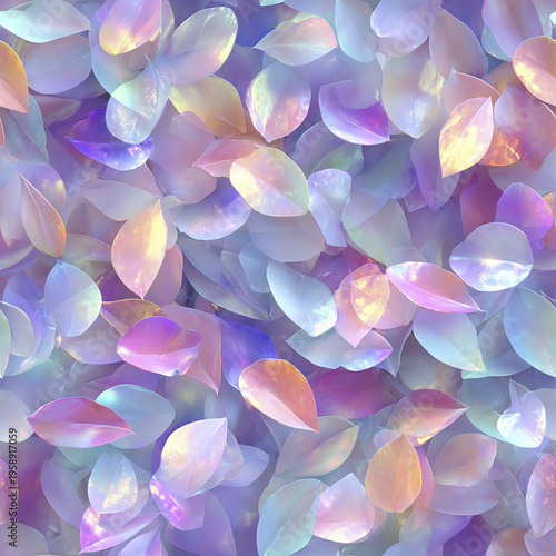 Soft iridescent confetti seamless surface pattern with pastel purple, blue, and pink translucent petals creating dreamy and delicate texture for decorative design