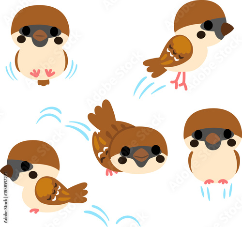 跳ねるスズメのイラストセット