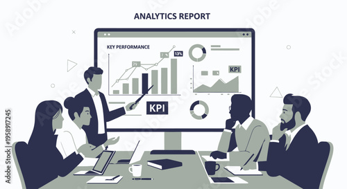 Business team analyzing data on large screen display