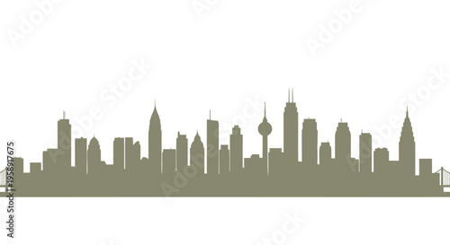 City skyline with tall buildings.