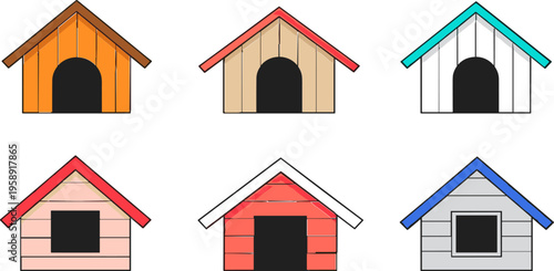 Dog House Collection with Different Pet Shelter Designs Featuring Wooden Kennels for Domestic Animals, Backyard Living, and Veterinary Care Vector Illustration Set