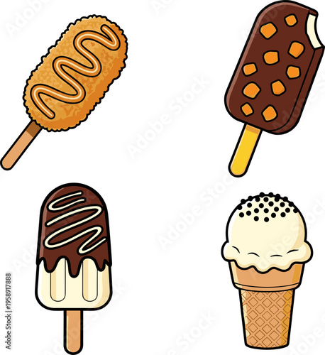 Ice Cream and Chocolate Popsicle Collection Featuring Crunchy Coated Bars, Vanilla Cone, and Sweet Frozen Desserts for Summer Treat Vector Illustration Set