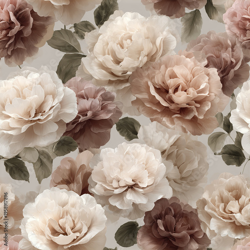 Soft neutral rose cluster pattern with airy layout and stylized petals in beige, cream, and brown tones creating gentle and elegant floral design for decorative use