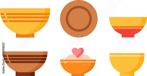 Colorful Bowl Collection with Different Kitchen Dish Designs Including Ceramic Serving Bowls for Food, Dining, Cooking, and Tableware Vector Illustration Set