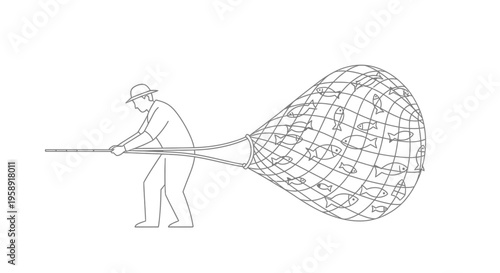 Minimalist fisherman pulling a heavy net full of fish catch vector illustration design element