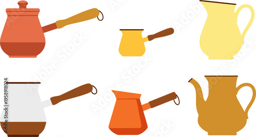 Coffee Pot Collection Featuring Turkish Cezve, Glass Brewer, and Classic Teapot Designs for Hot Beverage Preparation and Kitchen Vector Illustration Set
