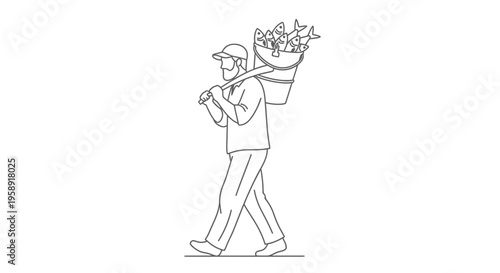 Fisherman Carrying a Bucket Full of Fresh Fish on a Pole Line Art Illustration Vector
