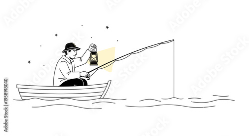 Fisherman in Rowboat Holding Lantern and Fishing Rod at Night Vector Illustration