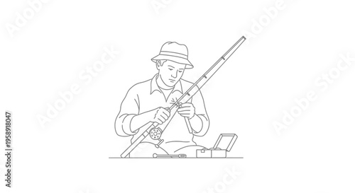 Professional Fisherman Repairing a Broken Fishing Rod Line Art Vector Illustration