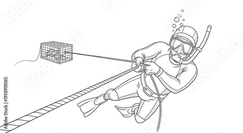 Scuba Diver Pulling Fish Trap Cage Underwater Vector Illustration Design Element
