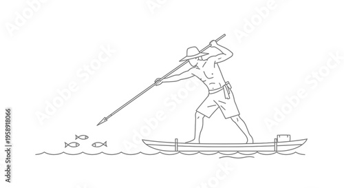 Asian Fisherman Catching Fish with Traditional Spear on Small Boat Line Art Vector Illustration