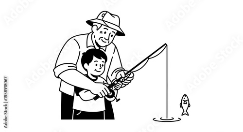 Grandfather teaching young grandson how to fish line art vector illustration