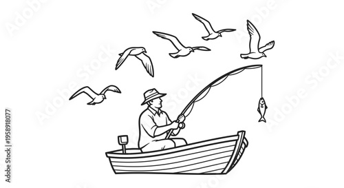 Fisherman in a Boat Catching a Fish with Seagulls Flying Above Vector Design Element