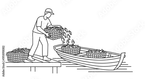 Professional fisherman loading fresh catch into wooden boat vector illustration design element