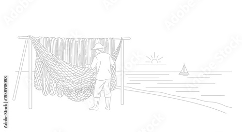 Traditional Fisherman Drying Fishing Nets on Beach at Sunrise Line Art Vector Illustration