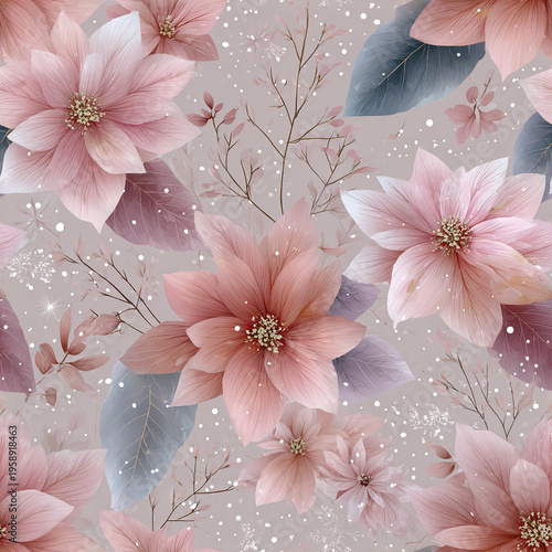 Soft pastel pink poinsettia flowers with delicate leaves and snow sparkle create seamless pattern that evokes gentle, festive, and elegant winter atmosphere