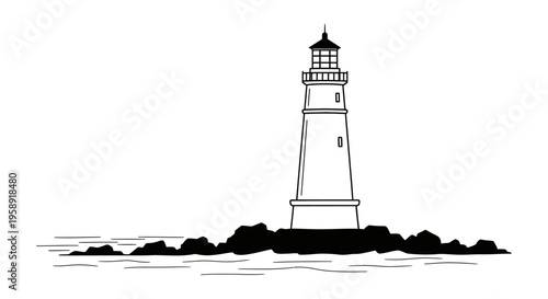 Black and white lighthouse illustration on rocks with ocean and sky background