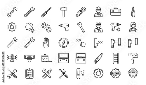 Repair Service Outline Icons Set Maintenance Tools Editable Stroke Vector Collection