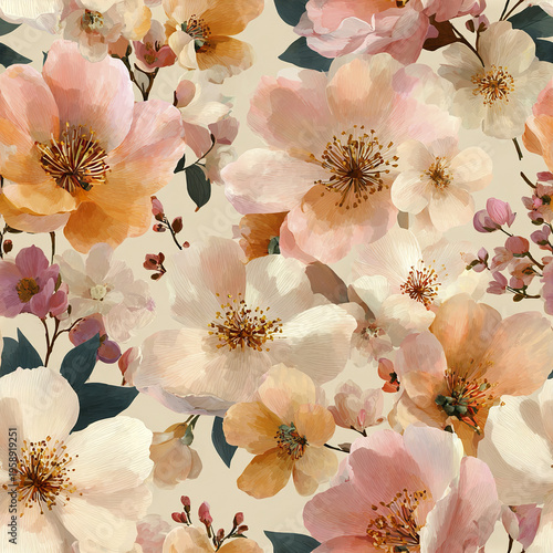 Soft romantic bloom collage seamless wallpaper with delicate pastel flowers and leaves creating gentle and elegant floral pattern full of natural beauty and charm