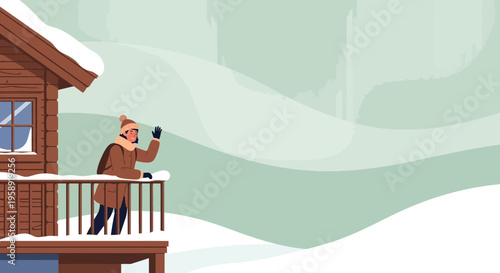 Cozy Winter Cabin Scene With Person Waving From Balcony