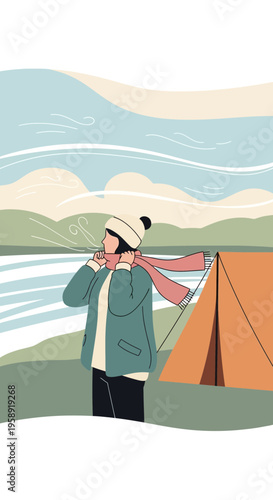 Cozy Winter Camp Scene With Person And Tent By Lake