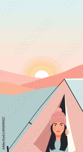 Cozy Winter Camping Scene With Sunrise And Woman In Tent