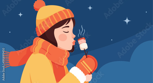 Cozy Winter Evening Enjoying A Sweet Marshmallow Treat Under Starlit Skies