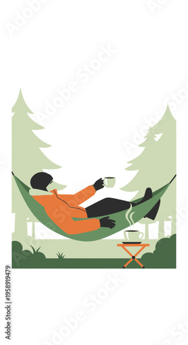 Cozy Winter Relaxation In A Hammock With Hot Drink Outdoors