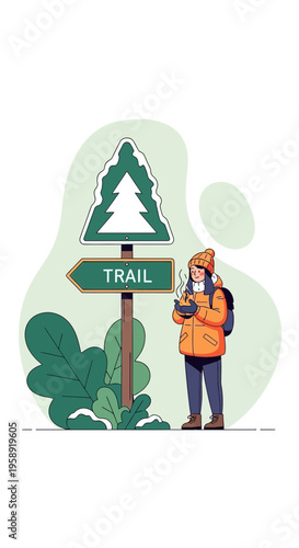 Cozy Winter Trailhead Adventure With Warm Beverage And Scenic Route Signpost