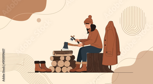 Cozy Winter Preparation Illustrated A Woman Chopping Wood For Warmth