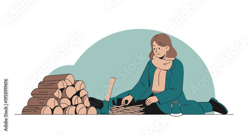 Cozy Woman Prepares Kindling Beside A Stacked Woodpile