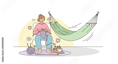 Cozy Woman Knitting Comfortably In A Chair Beside A Hammock