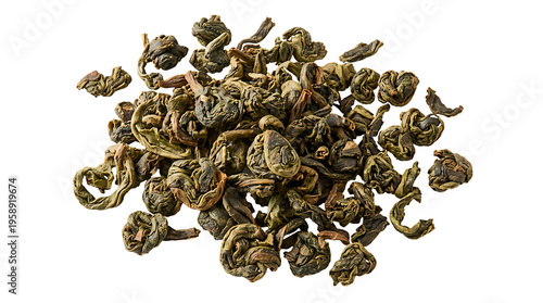 A pile of premium Gunpowder green tea (pearl tea), oolong tea, tightly rolled pellet-like dried leaves, isolated, no background, top view, high detail, clean cutout, PNG, transparent