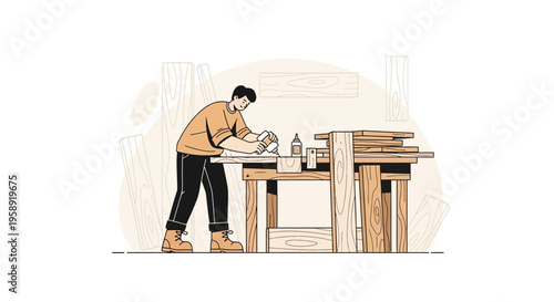 Craftsman Applying Adhesive To Wood At A Workbench Creating Custom Furniture Pieces