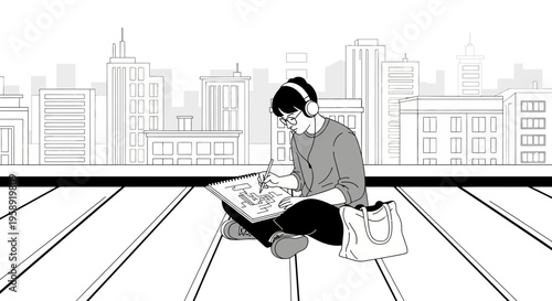 Creative Artist Finds Inspiration On Rooftop With Cityscape Background