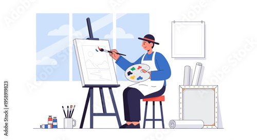 Creative Artist Painting A Landscape On Canvas In Studio Setting