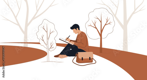 Creative Artist Sketching Outdoors Amidst Autumn Trees And Pathways