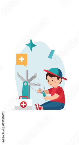 Creative Child Engaged with Miniature Medical Tools And Kit